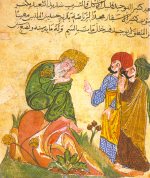 Manoscritto arabo raffigurante Socrate mentre discute con i suoi allievi, XIII secolo.