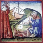 Manoscritto del XV secolo raffigurante studiosi arabi e occidentali che studiano insieme geometria.